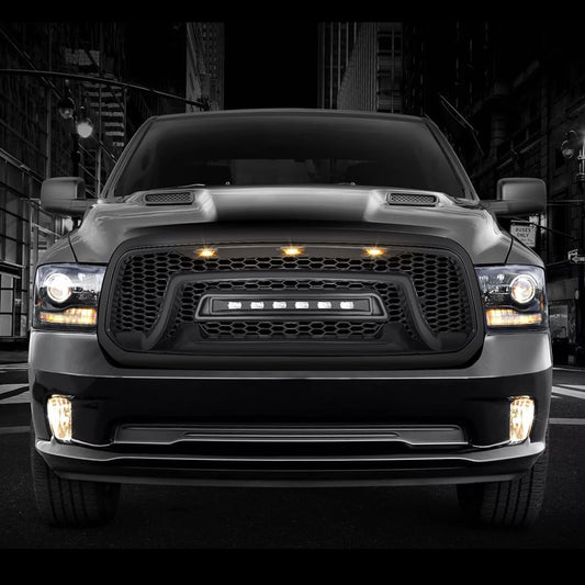 Front Grille Compatible with 2013-2018 Dodge Ram 1500, 2019-2023 Ram 1500 Classic, Matte Black Bumper Grill w/Off-Road Lights
