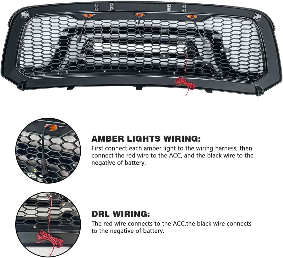 Front Grille Compatible with 2013-2018 Dodge Ram 1500, 2019-2023 Ram 1500 Classic, Matte Black Bumper Grill w/Off-Road Lights