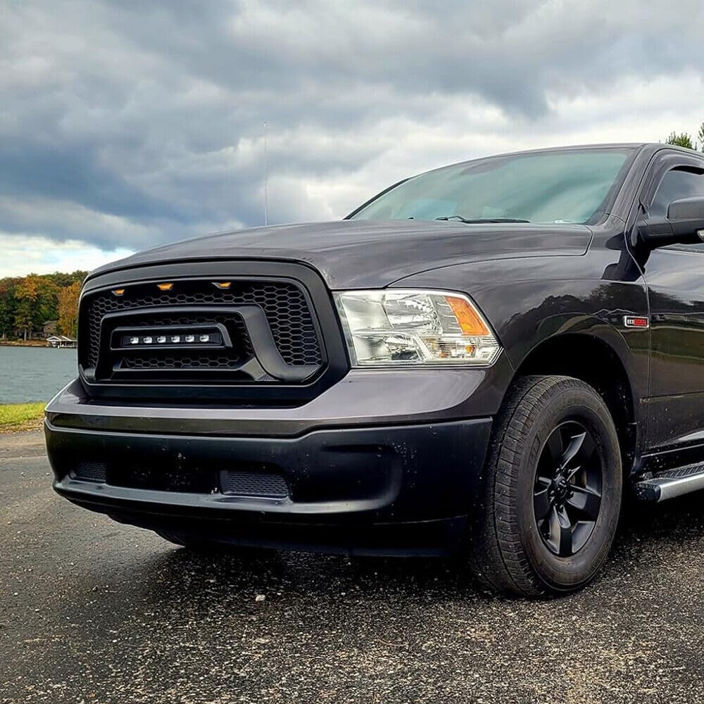 Front Grille Compatible with 2013-2018 Dodge Ram 1500, 2019-2023 Ram 1500 Classic, Matte Black Bumper Grill w/Off-Road Lights