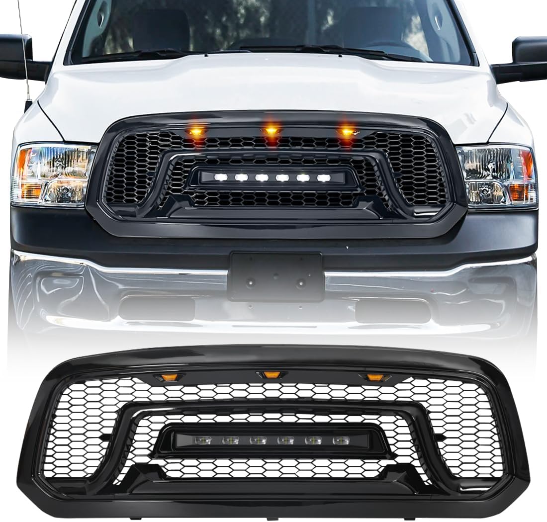 Front Grille Compatible with 2013-2018 Dodge Ram 1500, 2019-2023 Ram 1500 Classic, Matte Black Bumper Grill w/Off-Road Lights